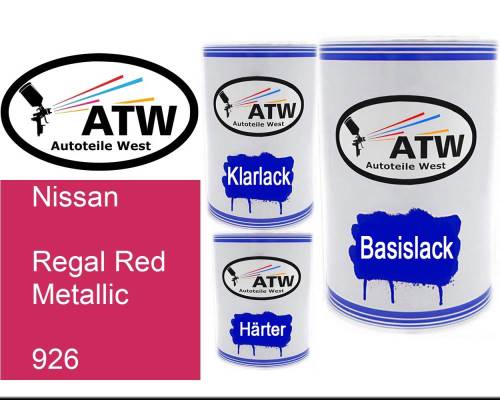 Nissan, Regal Red Metallic, 926: 500ml Lackdose + 500ml Klarlack + 250ml Härter - Set, von ATW Autoteile West.